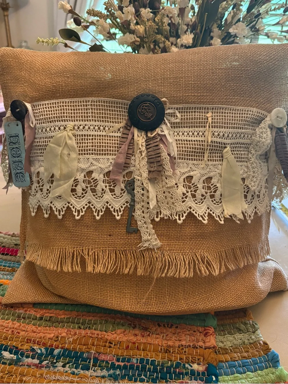Boho Burlap Decorative Pillow with Lace Trim and Tassels - Neutral